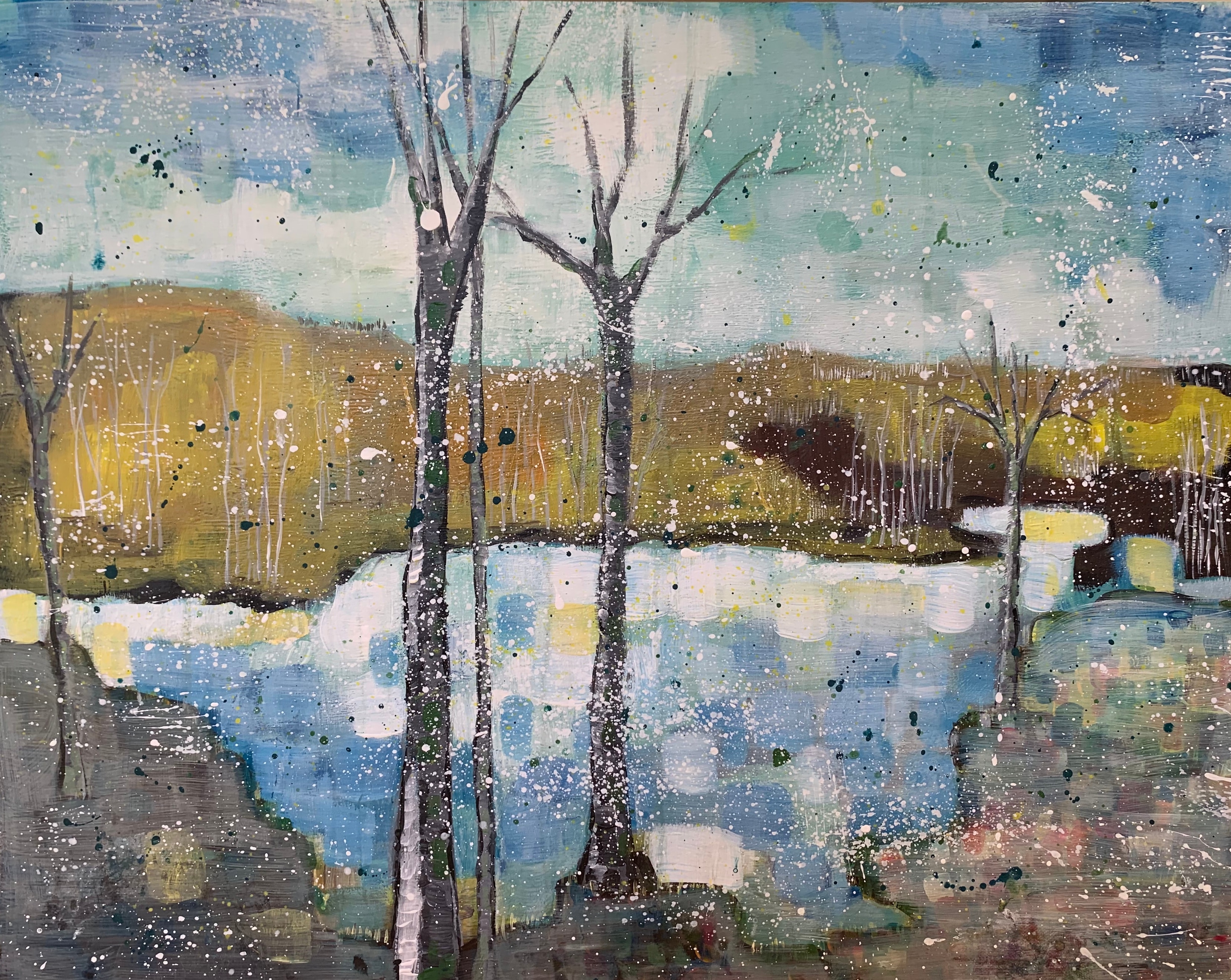 Abstract landscape painting with bare trees and water