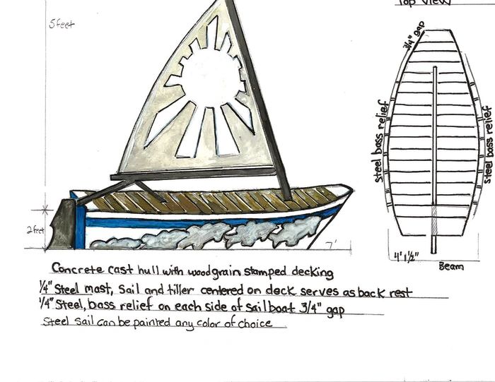 Sailboat concept drawing with concrete hull and steel mast