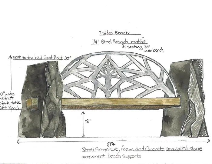 Two-sided bench design with steel branch motif