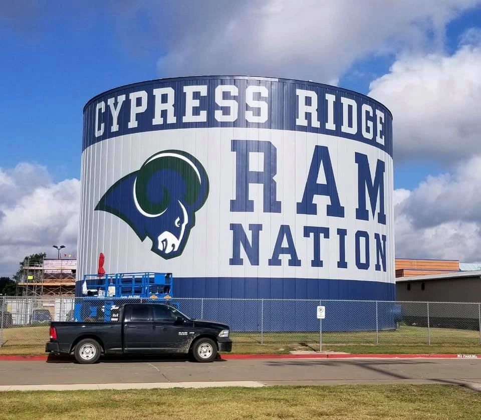 Cypress Ridge Ram Nation water tower mural