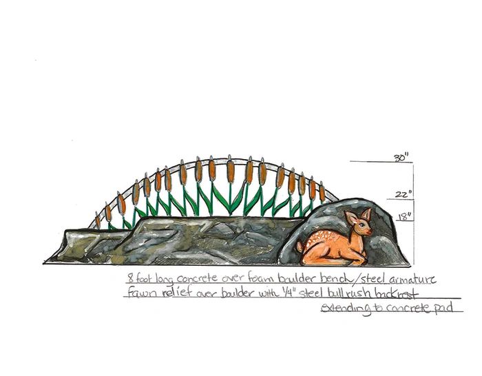 Architectural concept drawing for bench with fawn relief